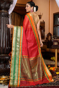 Womens Cotton Red Saree With Blouse Piece