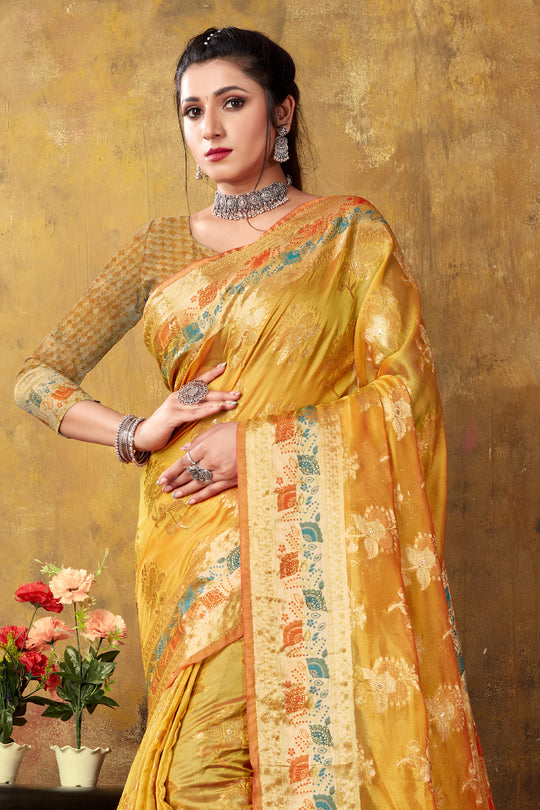 Lemon Yellow Organza saree