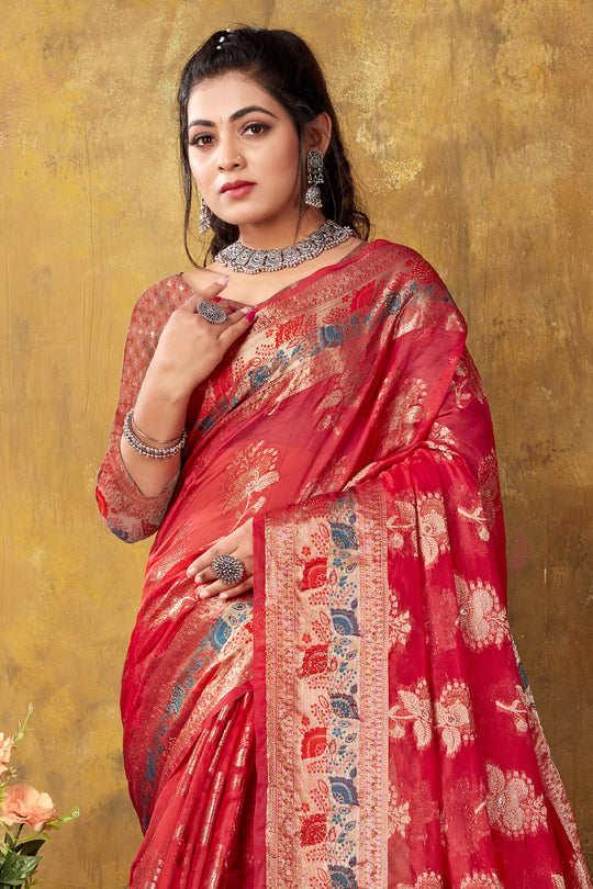 Taffy Red Organza saree