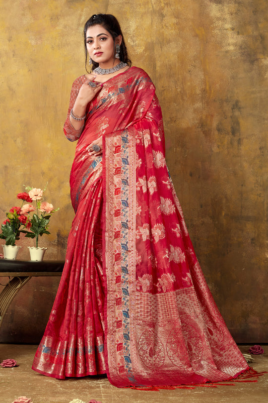 Taffy Red Organza saree