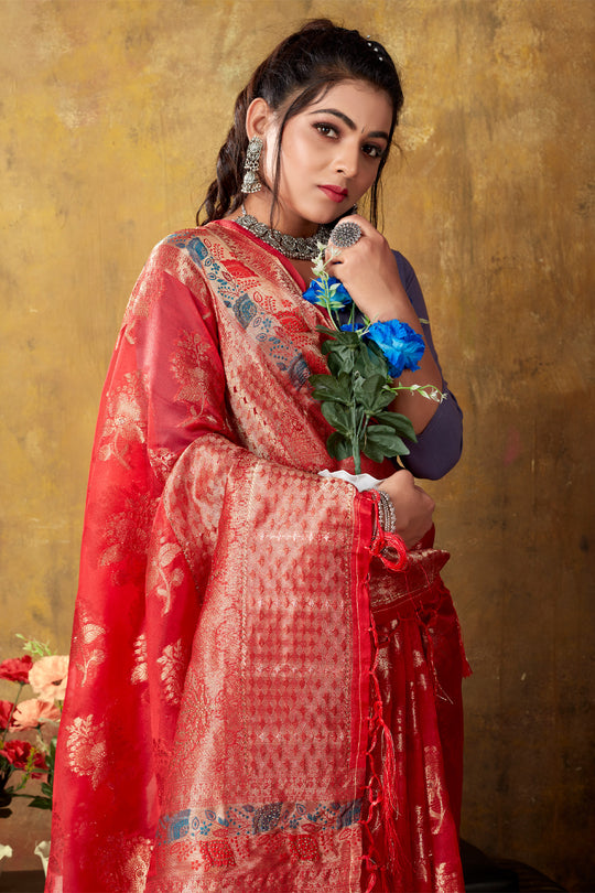 Taffy Red Organza saree