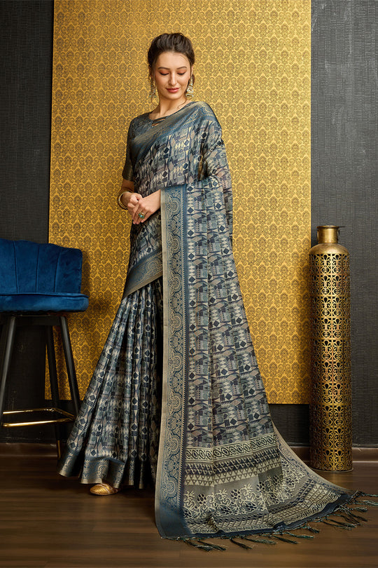Grey Silk  Ethnic Motifs Printed Saree