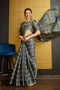 Grey Silk  Ethnic Motifs Printed Saree