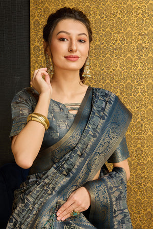 Grey Silk  Ethnic Motifs Printed Saree