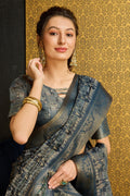 Grey Silk  Ethnic Motifs Printed Saree