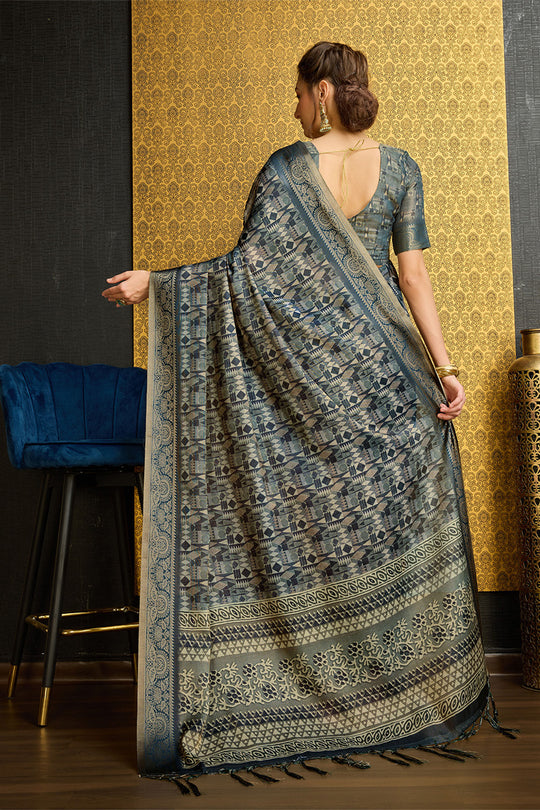 Grey Silk  Ethnic Motifs Printed Saree