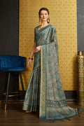 Teal Silk  Ethnic Motifs Printed Zari Saree