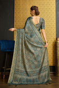 Teal Silk  Ethnic Motifs Printed Zari Saree