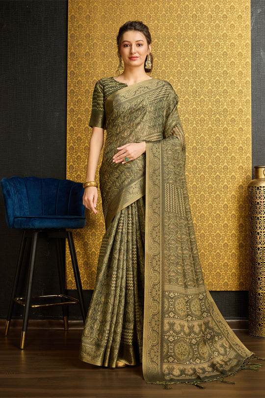 Green Silk Floral Printed Zari Saree