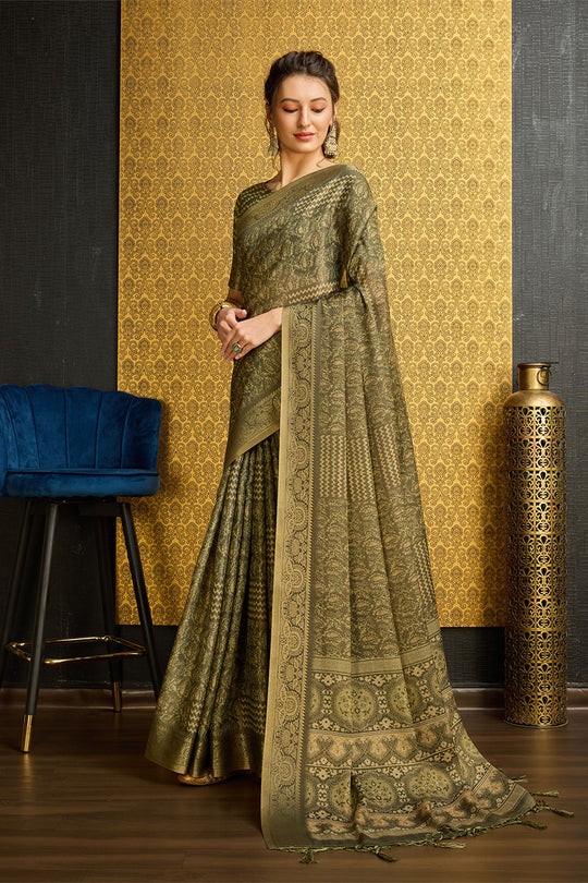 Green Silk Floral Printed Zari Saree