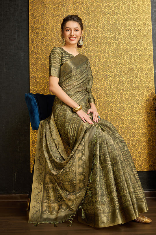 Green Silk Floral Printed Zari Saree