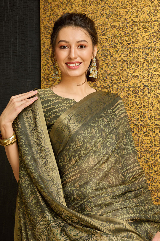 Green Silk Floral Printed Zari Saree