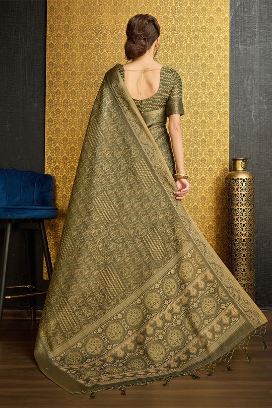 Green Silk Floral Printed Zari Saree