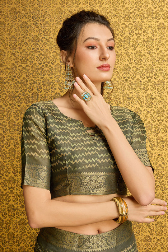 Green Silk Floral Printed Zari Saree