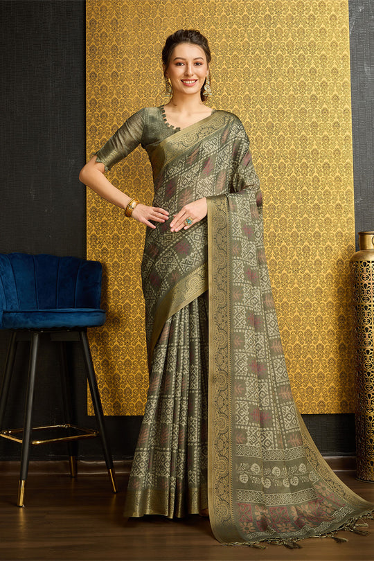 Dark Green Silk  Ethnic Motifs Printed Saree