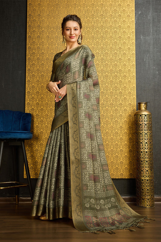 Dark Green Silk  Ethnic Motifs Printed Saree