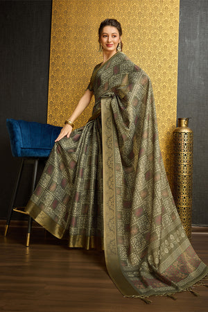 Dark Green Silk  Ethnic Motifs Printed Saree