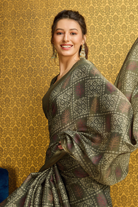 Dark Green Silk  Ethnic Motifs Printed Saree