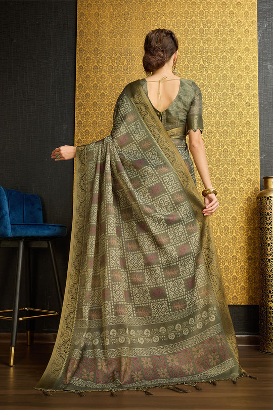 Dark Green Silk  Ethnic Motifs Printed Saree