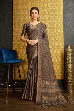 Coffee Brown Silk  Coffee Brown Floral Printed Zari Saree