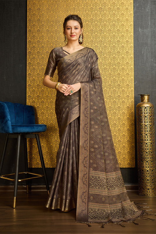 Coffee Brown Silk  Coffee Brown Floral Printed Zari Saree