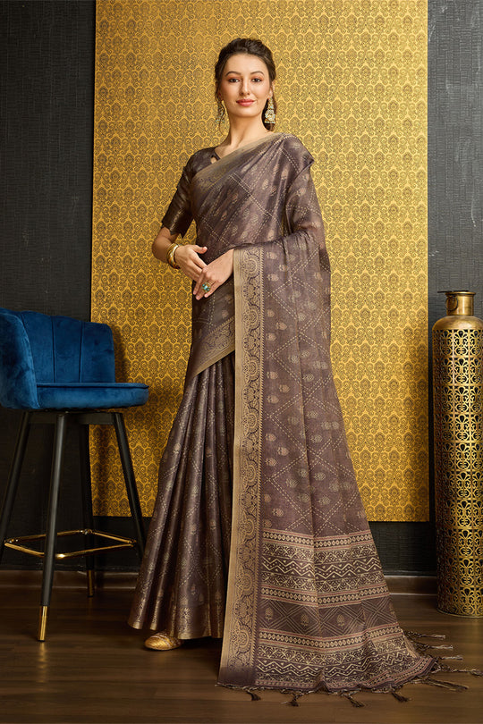 Coffee Brown Silk  Coffee Brown Floral Printed Zari Saree