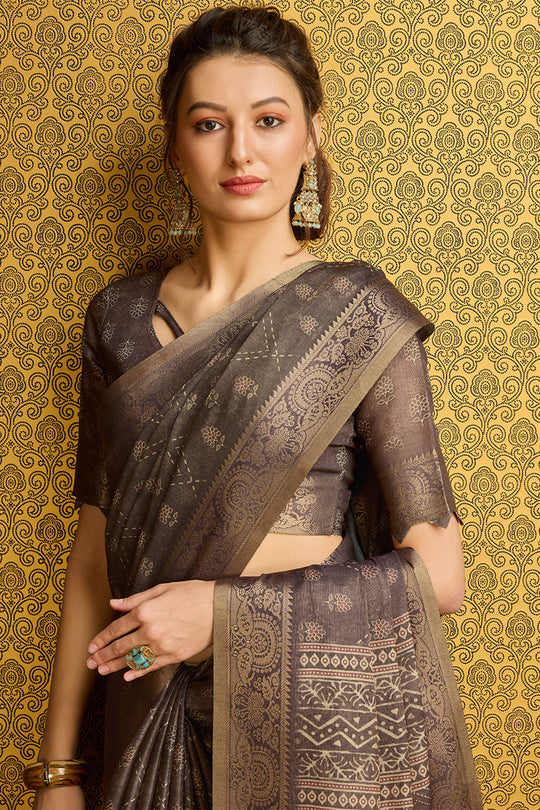 Coffee Brown Silk  Coffee Brown Floral Printed Zari Saree