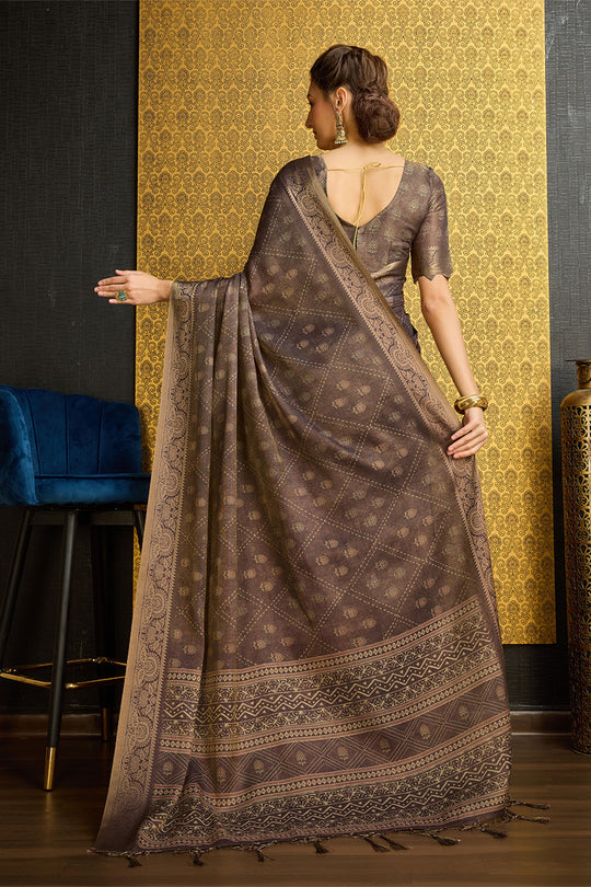 Coffee Brown Silk  Coffee Brown Floral Printed Zari Saree