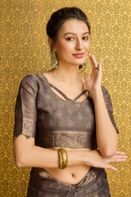 Coffee Brown Silk  Coffee Brown Floral Printed Zari Saree