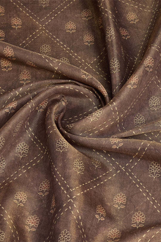 Coffee Brown Silk  Coffee Brown Floral Printed Zari Saree