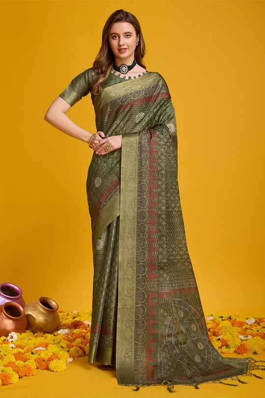 Mehendi Green Silk Saree With Blouse Piece