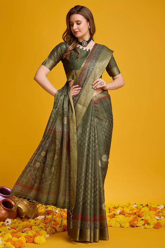 Mehendi Green Silk Saree With Blouse Piece