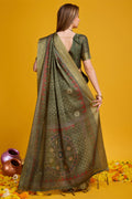 Mehendi Green Silk Saree With Blouse Piece