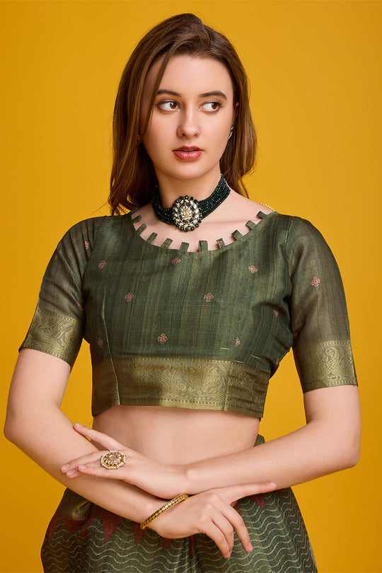 Mehendi Green Silk Saree With Blouse Piece