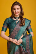 Teal Silk Saree With Blouse Piece