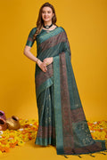 Teal Silk Saree With Blouse Piece