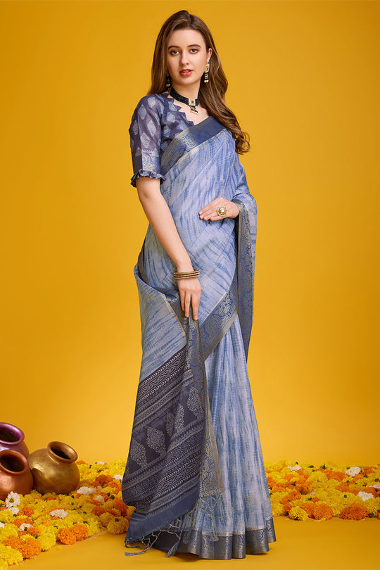 Blue Silk Saree With Blouse Piece