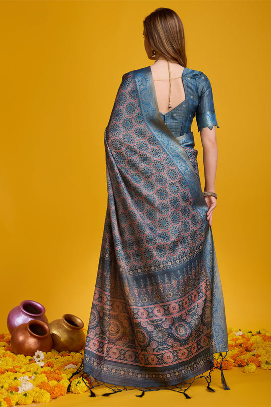 Teal Silk Saree With Blouse Piece