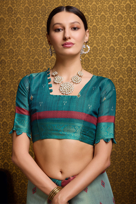 Sea Green Silk Saree With Blouse Piece