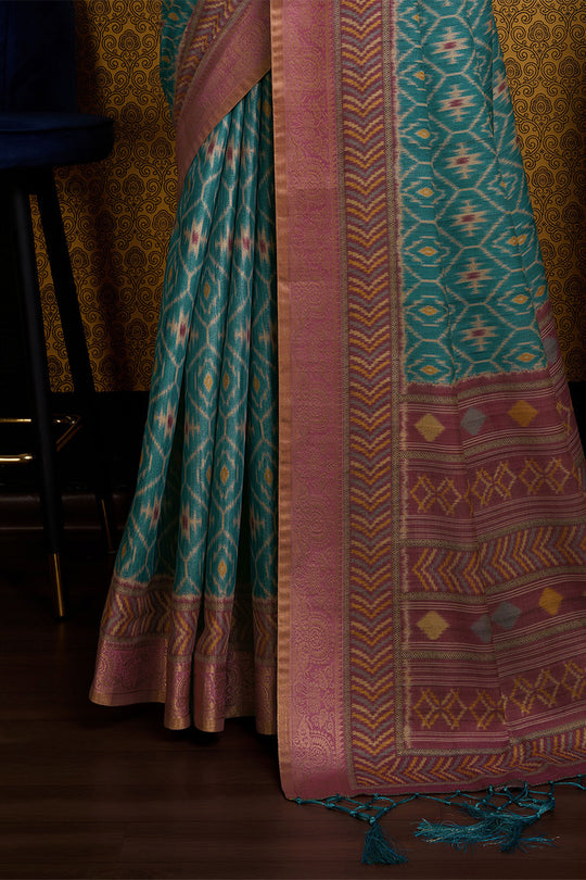 Teal Silk Saree With Blouse Piece