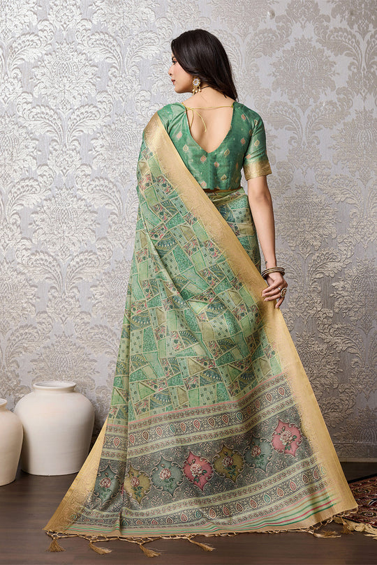 Sea Green Silk Saree With Blouse Piece