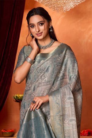 Grey Silk Saree With Blouse Piece