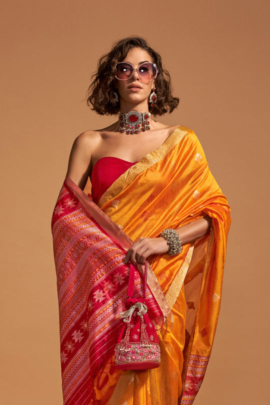 Orange  Banarasi Silk Saree With Blouse Piece