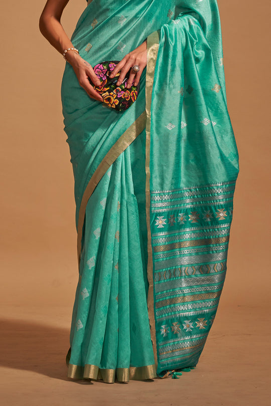 Blue Banarasi Silk Saree With Blouse Piece