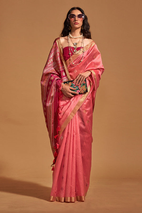 Pink Banarasi Silk Saree With Blouse Piece