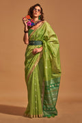 Parrot Green Banarasi Silk Saree With Blouse Piece