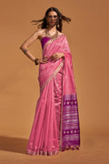 Baby Pink Banarasi Silk Saree With Blouse Piece