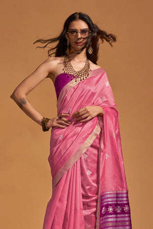 Baby Pink Banarasi Silk Saree With Blouse Piece