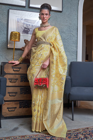 Lemon Yellow Linen Blend Saree