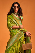 Forest Green Satin Banarasi Silk Saree With Blouse Piece